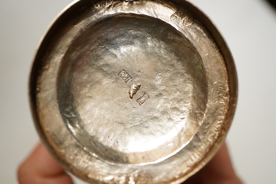 A Chinese export silver twin handed vase c.1900, stamped KC, artisans mark, decorated in relief with flowering prunus branches, height 13cm., weight approx. 4.72ozt